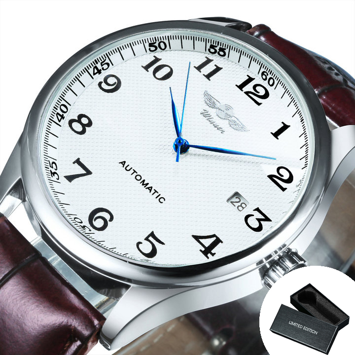 Winner Klassische Business-Armbanduhr für Herren, Retro-Kalender, blaue Zeiger, automatische mechanische Uhren, Top, Luxus-Stahl-Ledergürtel: Gold