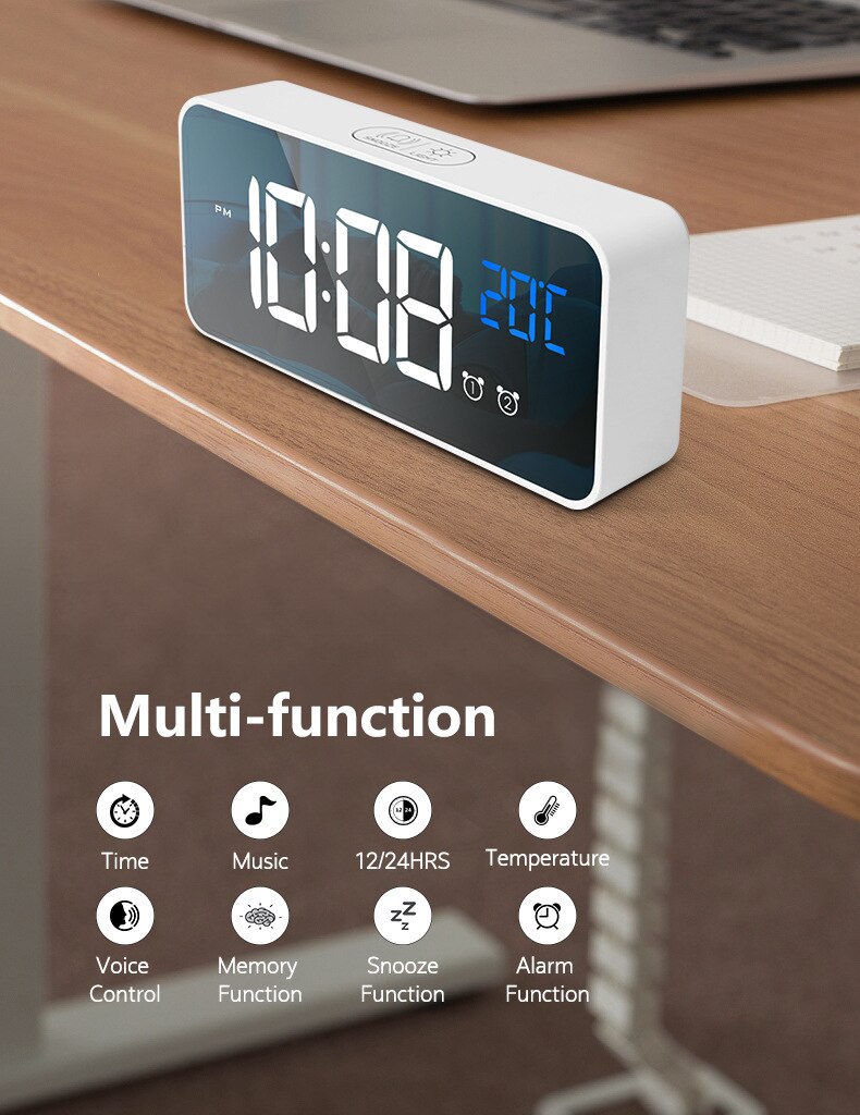 LED Mirror Alarm Clock Sound-Activated Clock Rechargeable Bedside Music Clock Stylish simplicity bed clocks home decor