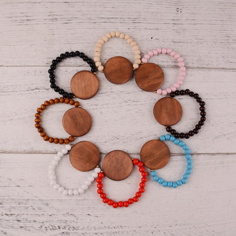 Bracelet de perles en bois blanc 8mm, , grand disque, monogramme, élasticité, bijoux pour femmes et hommes, 2022
