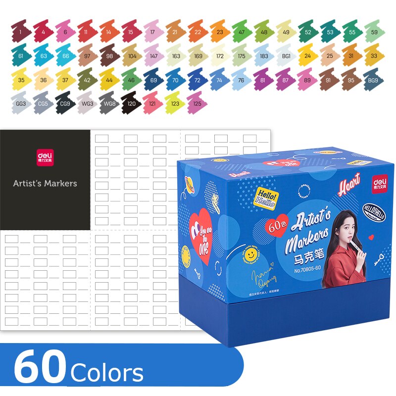 Deli Art Marker Set 24/36/48/60 Colors Dual Tip Art Marker Pens Fine Liner Markers Watercolor Drawing Painting Pen School: 60 Colors Pen