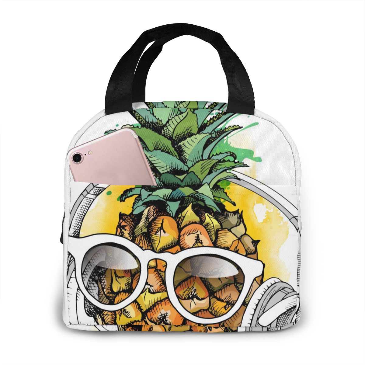 Gold Pineapple Pattern Lunch Bag Portable Insulated Thermal Cooler Bento Lunch Box Tote Picnic Storage Bag Pouch: Black 3