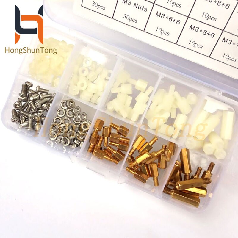 180pcs/set M3 Nylon and Brass White Male-Female M-F Stainless Steel Screws Nut Assortment Box kit set with Plastic Box Hollow