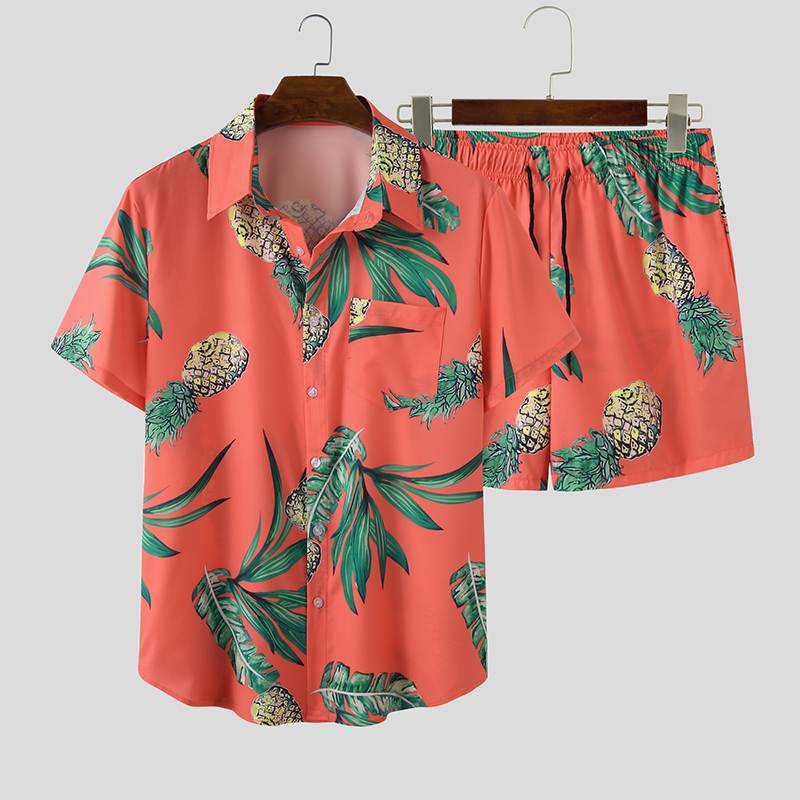Incerun conjunto masculino de verão, estampado com manga curta na lapela, praia de 2020, camisa para férias, shorts casuais, havaiano, 2 peças, streetwear: XXL