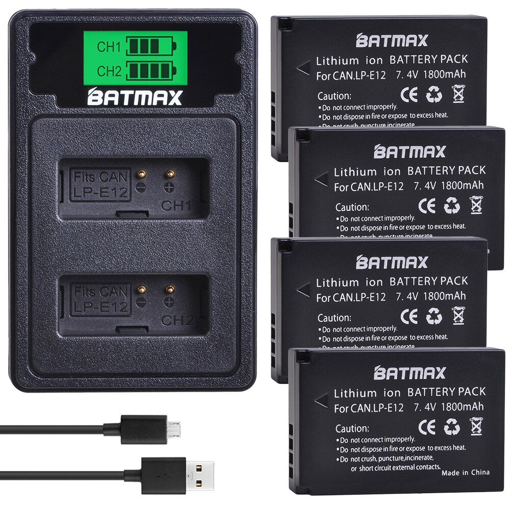 Batmax lp -e12 lpe 12 kamera batteri + lcd usb dual oplader med type c port til canon eos  m50,  eos  m100,100d kiss  x7 rebel  sl1: 4b med oplader