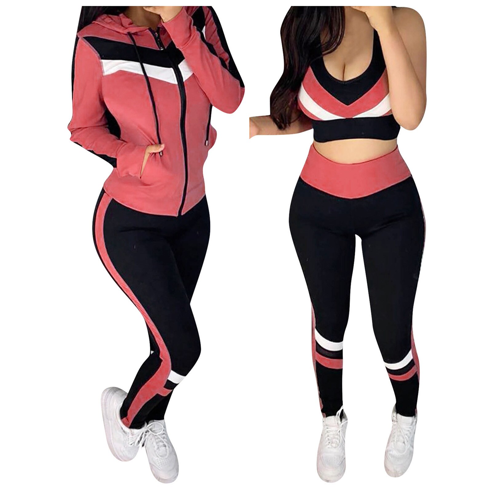 2020 nuovo Sport Set WomenSpliced Con Cappuccio Della Maglia Per Il Tempo Libero Vestito di Sport 3-pieceSuits Vestiti Delle Donne спортивные костюмы женс: Pink / M