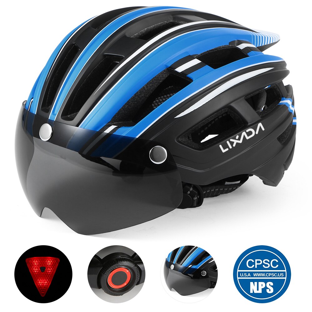 Lixada Mountain Bike Helmet Adjustable Bicycle Motorcycle Helmet with Back Light Detachable Magnetic Visor UV Protective Unisex: Blue white