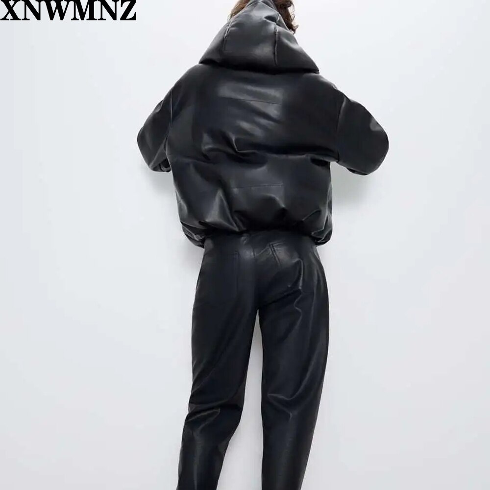 Za dames zwarte bontjas van imitatieleer oversized met rits winterjas met dikke pu-hoodie