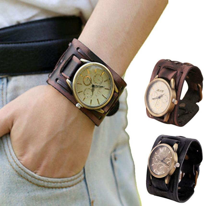 Retro punk rock brunt stort brett läderarmband manschett herrklocka kvarts armbandsur horloges xfcs saat klocka