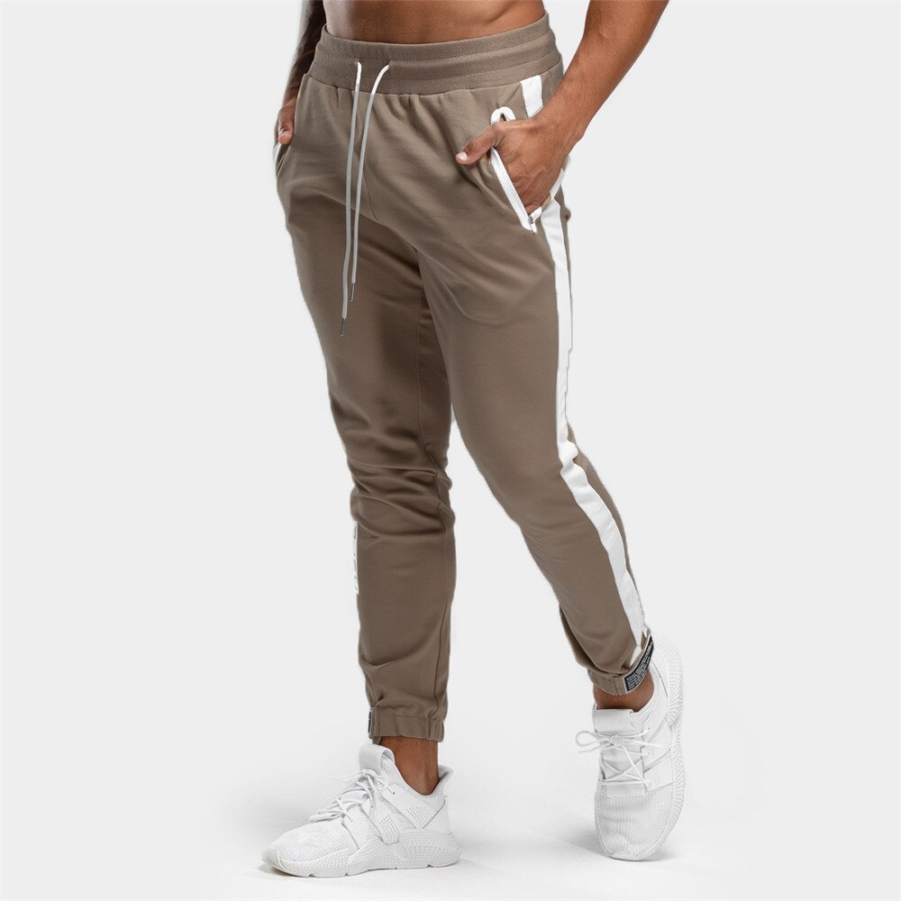 Jogger Sweatpants Men Casual Patchwork Pants Gyms Fitness Workout Sportswear Trousers Autumn Male Cotton Trackpants Pencil pants: M / Khaki