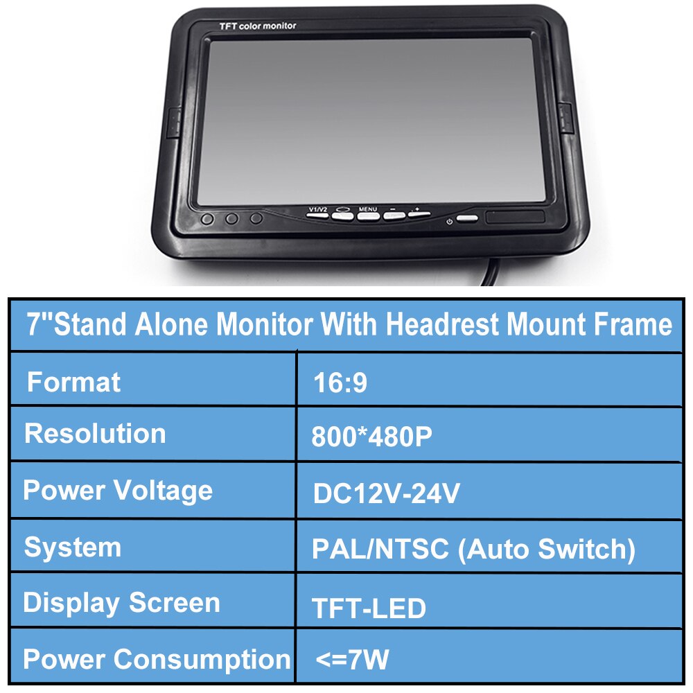 7 Inch TFT HD Car LCD Screen Monitor Desktop/Headrest Auto 2 Signal Input Video Reversing Camera Monitor 12V 24V For PAL/NTSC
