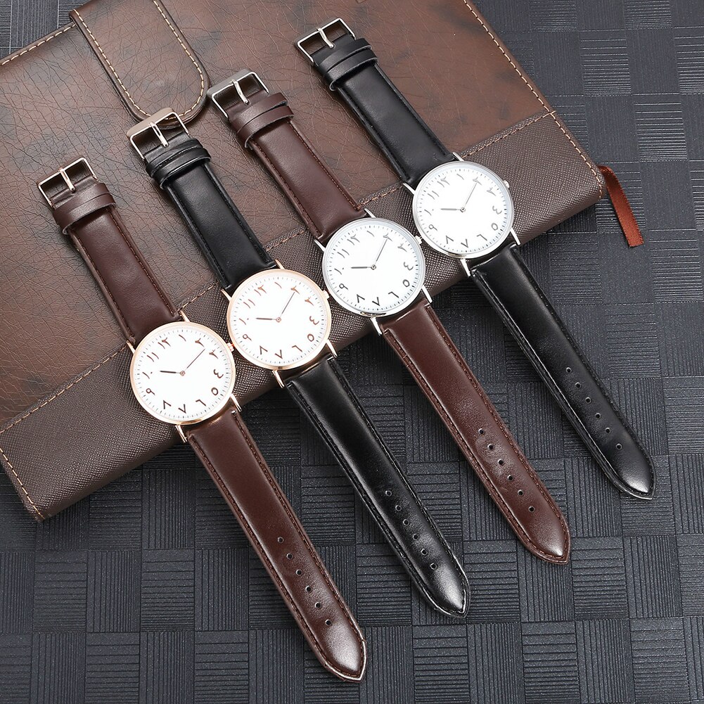 Sales! Arabisch Analoge Ronde Dial Mannen Vrouwen Quartz Faux Lederen Band Polshorloge