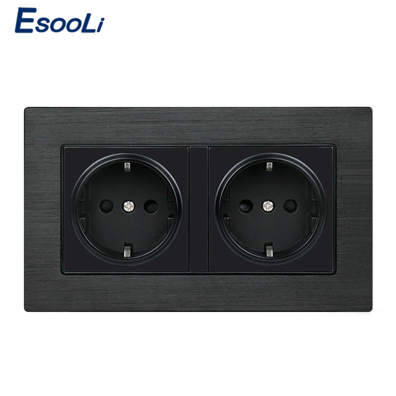 Esooli Black Aluminium Metal Panel Stopcontact EU Standaard Stopcontact 16A EU Standaard Elektrische Dubbele Outlet 146mm * 86mm