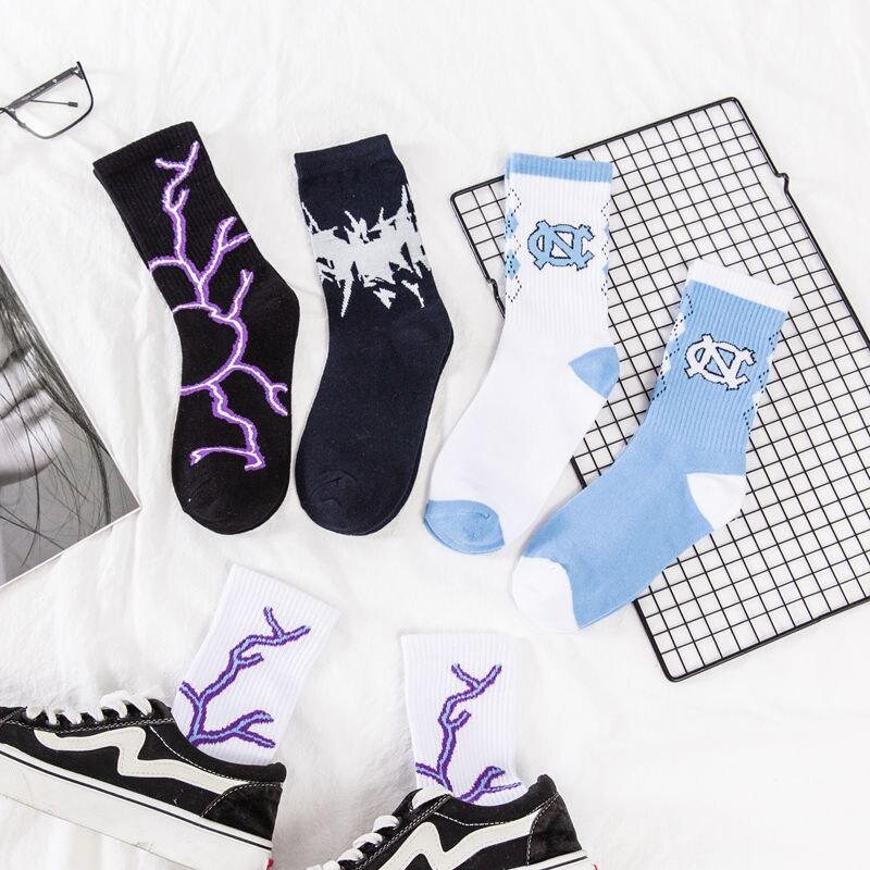 Women Socks Harajuku Blitz Hip-hop Cotton Novelty Socks Couple Streetwear Black White Blue Japanese