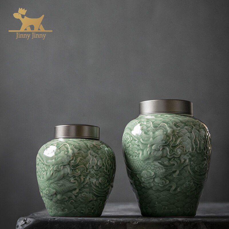 1000ml-Fengshui Dragon Patroon-Huisdier Urn, Hond Urn, Urnen Voor Honden As, Chinese Keramische Materiaal, herdenken Eeuwige Liefde