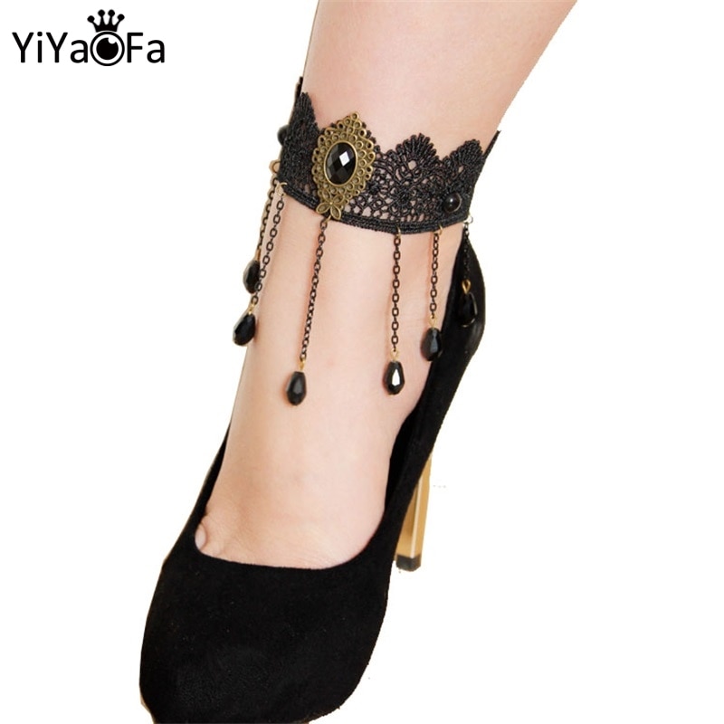 Yiyaofa Handgemaakte Gothic Sieraden Vintage Zwarte Kant Kwastje Enkelbanden Voor Vrouwen Accessoires Dame Voet Sieraden La-55