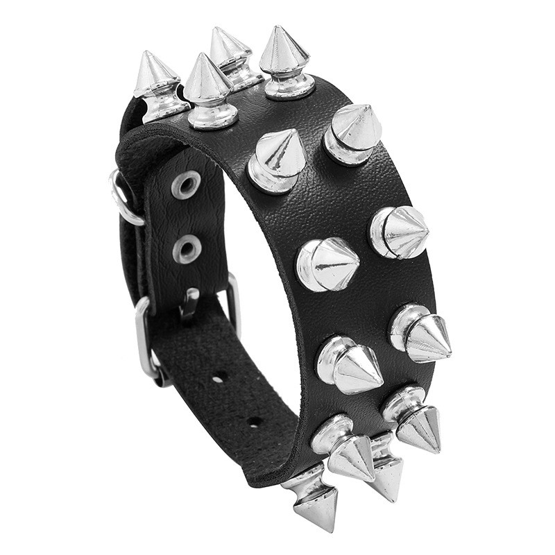 Punk Bracelet for Men Women Goth Black Leather Wristband with Metal Spike Studded Spike Rivets Cuff Bangle Adjustable: brownish yellow