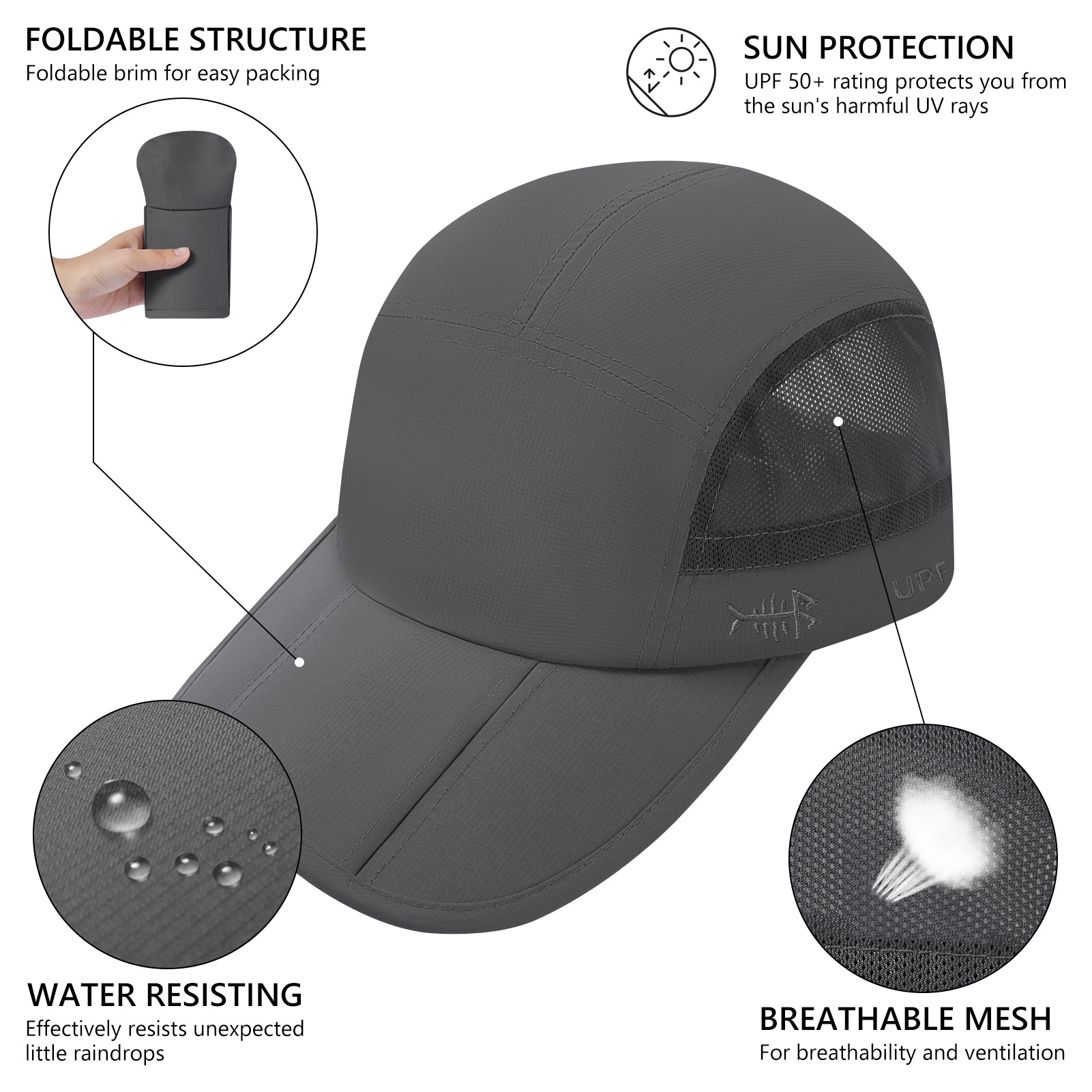 BASSDASH Gorra de béisbol de pesca plegable UPF 50+ resistente al agua al aire libre sombreros de ala portátiles para mujeres hombres senderismo ajustable