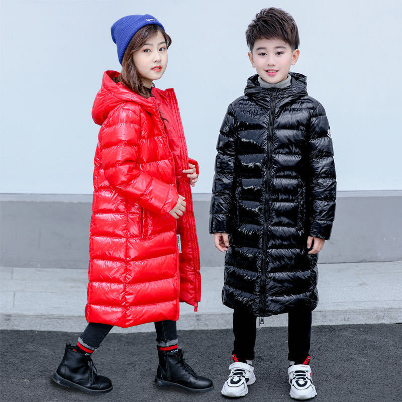 Vinter dunjacka för pojkar och flickor tjock varm glänsande stil barn dun lång parkas kappa barn ytterkläder för 110-160cm