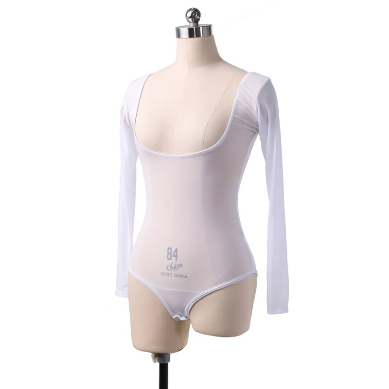 Dames lange mouw doorzichtige mesh pure crop top blouse shirt pull-on bodycon tee danser basiskleding sexy transparant naakt rood: Bruin