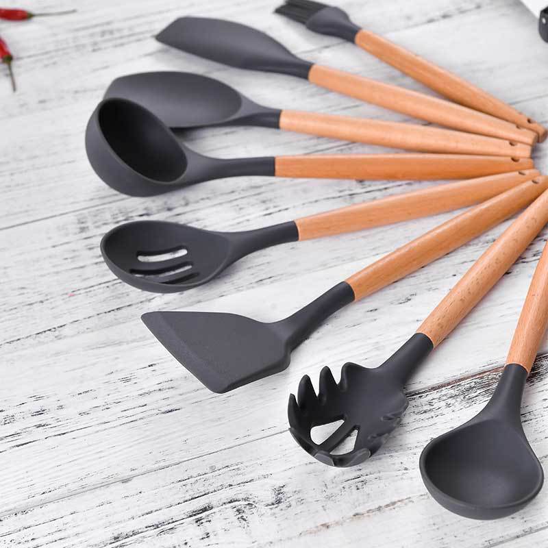 Ustensiles de cuisine en Silicone | Ustensiles de cuisine, ensemble d'ustensiles de cuisine, ustensiles de cuisine antiadhésifs, poignées en bois, outils de cuisine, pinces tournantes cuillère