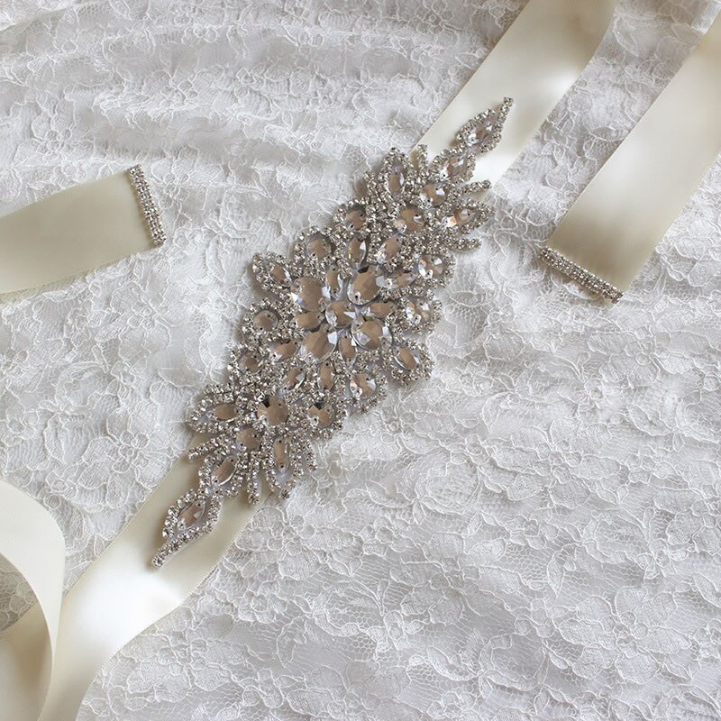 Bridal Crystal Wedding Accessories Satin Dress Belt Ribbon Waistband Sash for Evening Prom Dresses: Milk white