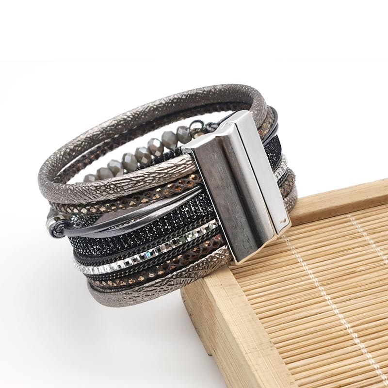 D & D Multilayer Crystal Lederen Armbanden Voor Vrouwen Retro Boho Stijl Weven Wide Charm Armband & Armbanden Vrouwelijke Sieraden