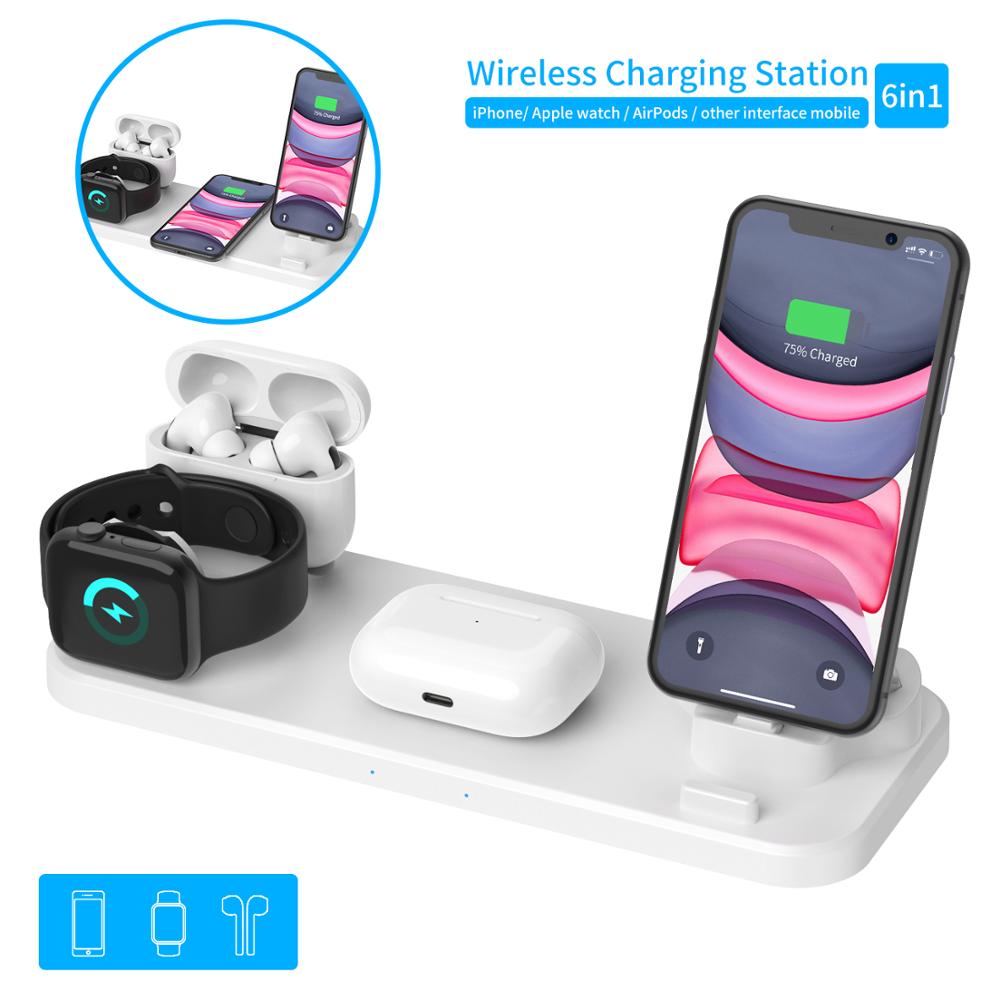 6 in 1 kabelloses ladepad mit qi-induktions-schnellladefunktion für apple watch 6 5 4 3 , airpods pro, iphone 12 pro /11/ xr/xs/x /8