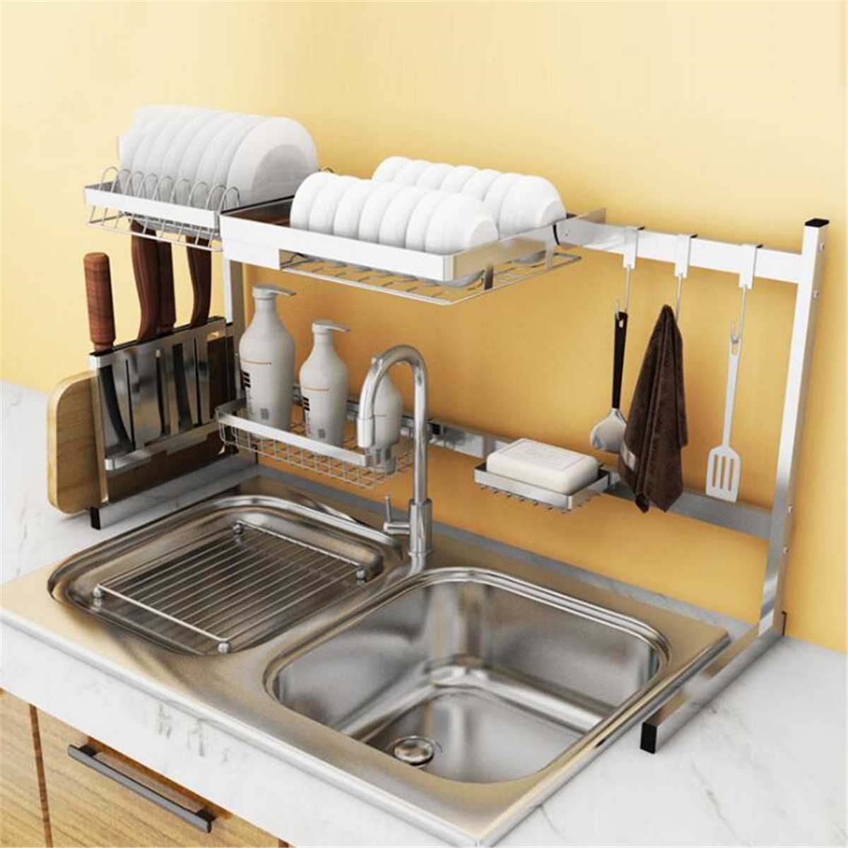 Stainless Steel Kitchen Shelf Storage Holders Bowl Dish Rack Organizer Utensils Storage Supplies Drying Bowl Sink Rack