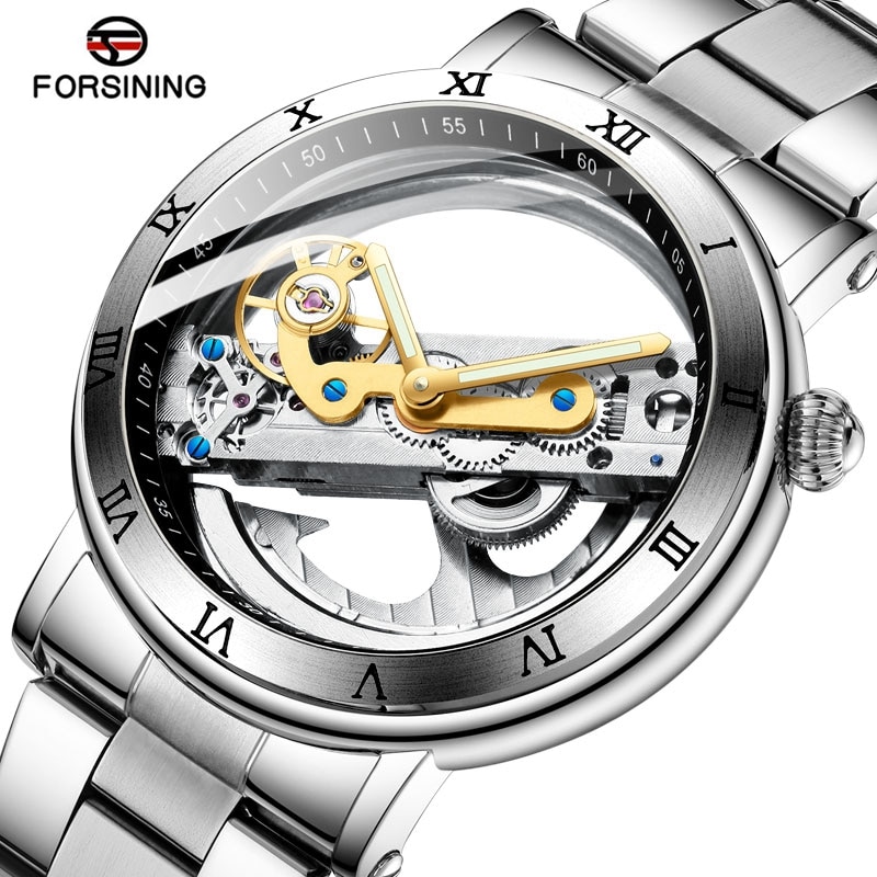 Luxe Forsining Mannen Horloge Dubbelzijdig Transparant Tourbillion Mechanische Staal Steampunk Creatieve Automatische Horloge
