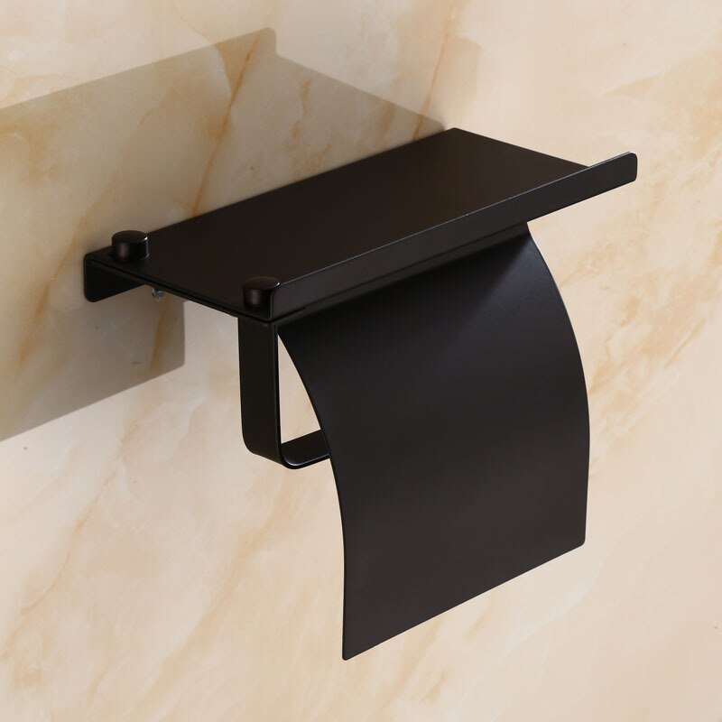 Toiletpapirholder med telefonhylde rustfrit stålrulleholder med låg vægmonteret tilbehør til badeværelset: Sort