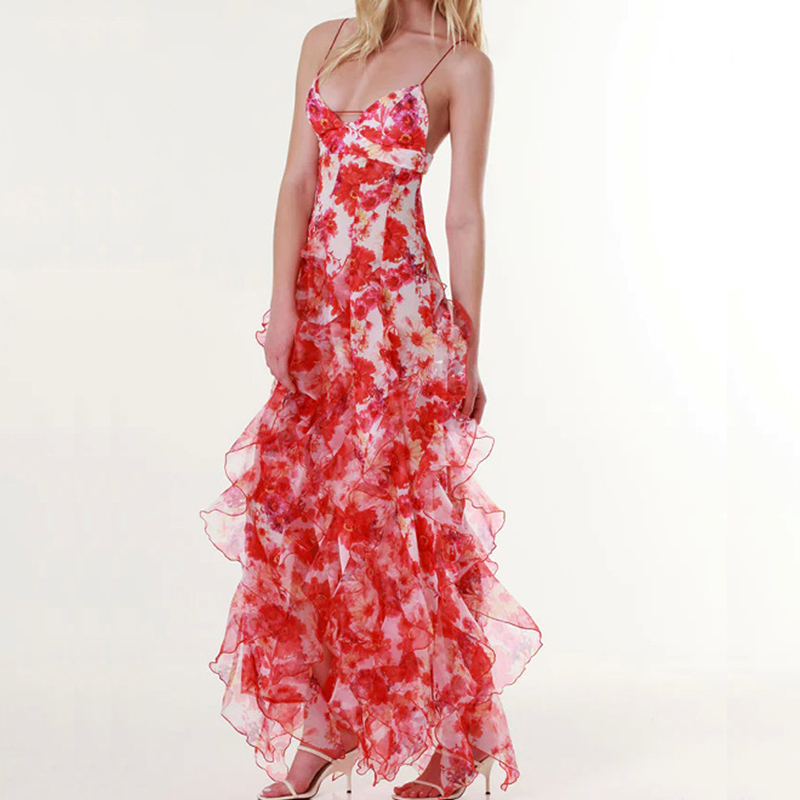 Spring Summer Floral Print Slim Chiffon Dress Female V Neck Ruffle Long Dress Sleeveless Party Dresses Vestidos