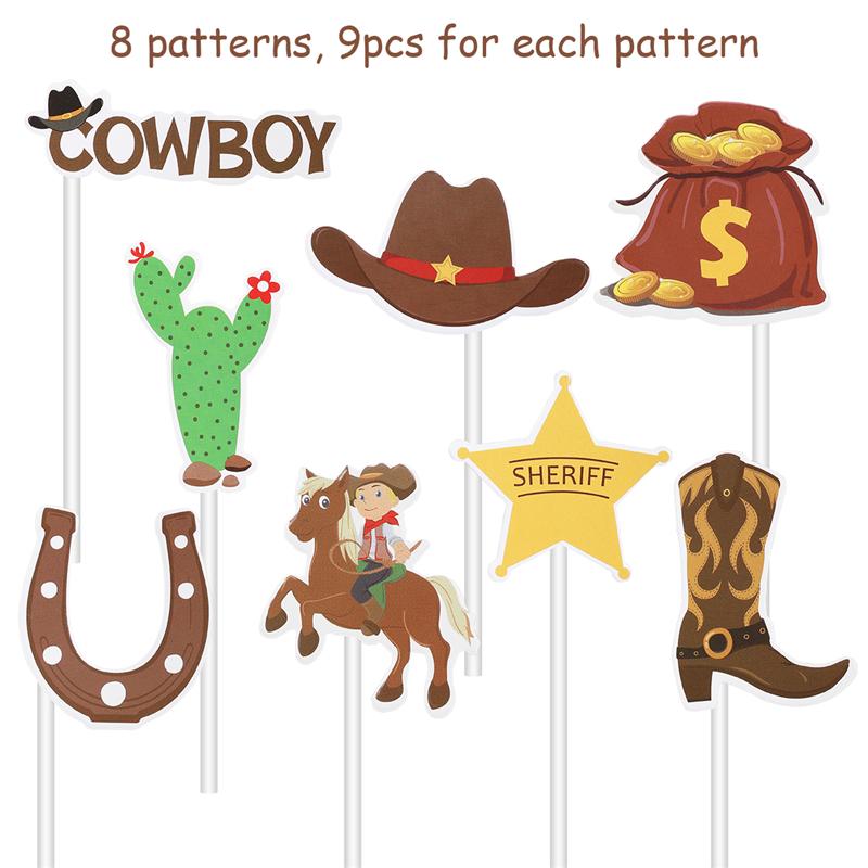 72PCS Cowboy Theme Cupcake Toppers Western Style Party Decorations Cake Dessert Topper Picks