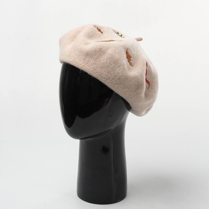 Boina bordada con hojas de ardilla y conejo Mori para mujer, gorro de lana de Cachemira, cálido, a la , para artista francés, Invierno
