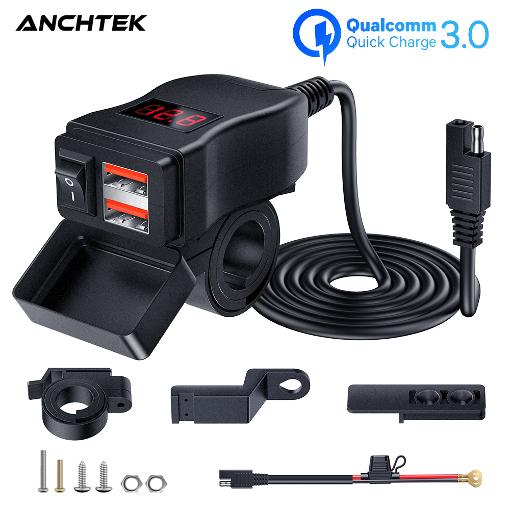 Anchtek-cargador montado en vehículo para motocicleta, adaptador impermeable, 12V, puertos USB PD para teléfono, carga rápida 3,0 con interruptor, accesorio para motocicleta