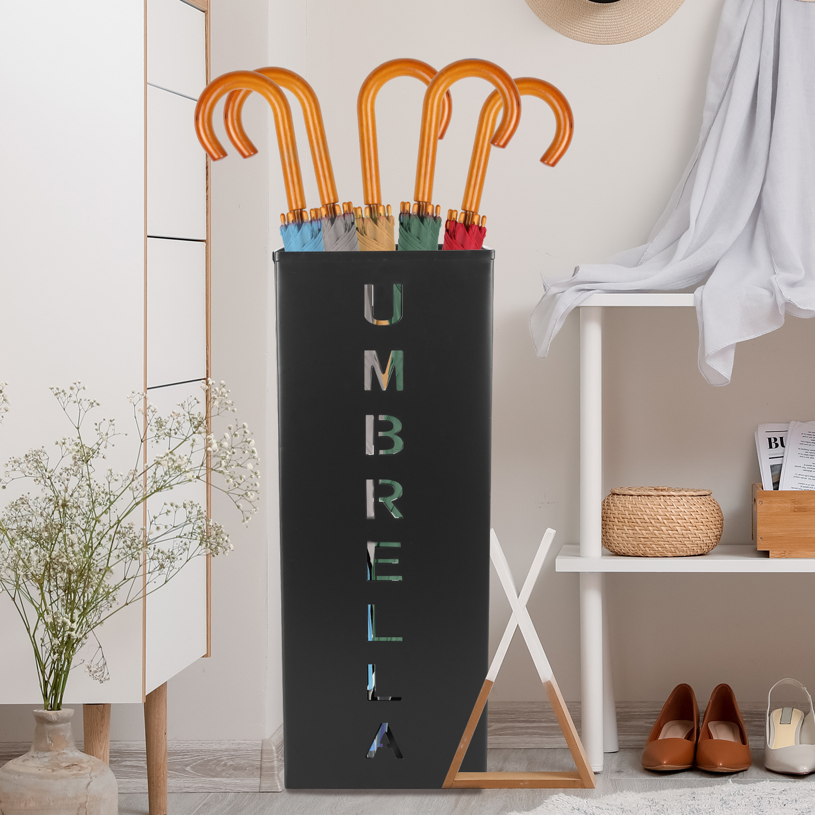 Metal Umbrella Stand Square Free Standing Umbrella Rack Decorative Umbrella Holder Bin Multipurpose Walking Sticks Holder Home