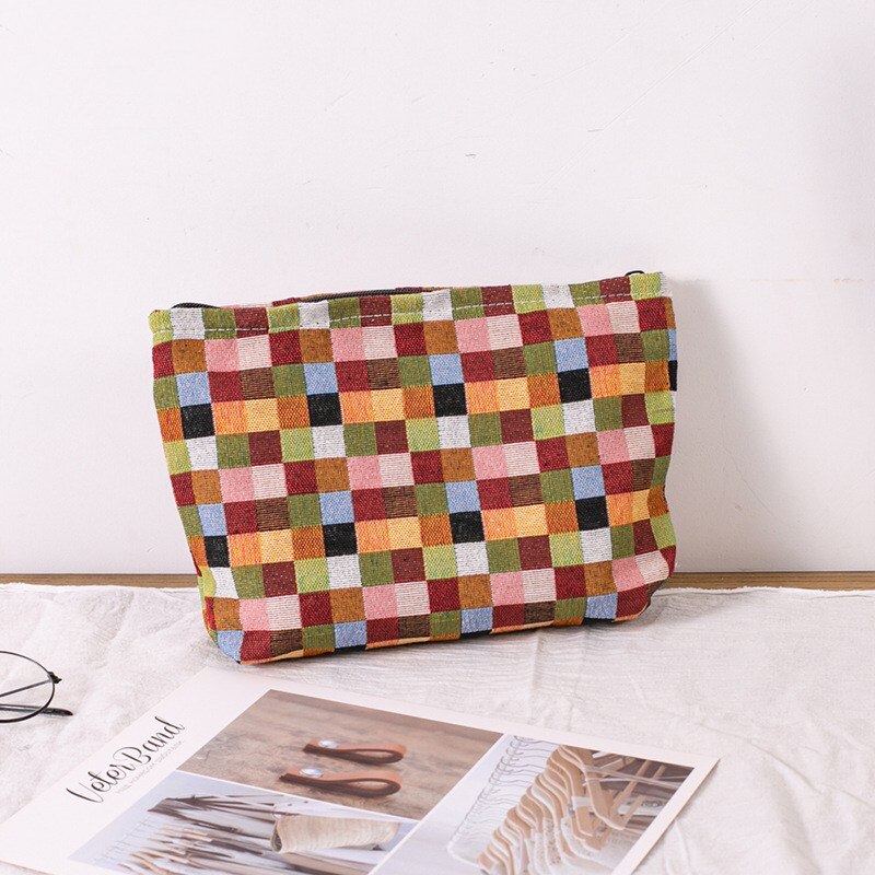 Purdored 1 Pc Vrouwen Kleur Mozaïek Cosmetische Tas Grote Reizen Rits Vrouwelijke Cosmetische Tas Make Organisatoren Beauty Case Waszak: red x brown