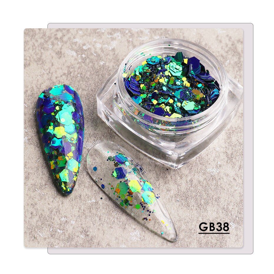 1 caja de Paillettes de uñas camaleón 3D, lentejuelas brillantes de sirena, lagarto, lentejuelas brillantes, arte de uñas hexagonales, decoraciones para manicura BE1904: GB38