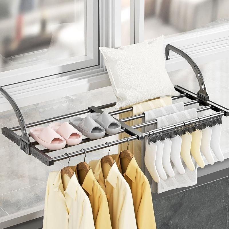 Telescopic Balcony Drying Rack Adjustable Window Mounted Clothes Hanger for Home Fence Shoe Towel Drying Foldable Laundry Rail