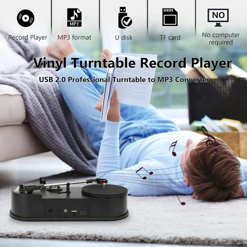 33/45RPM Turntable Player Converter to Save Vinyl Music Records to TF Card/USB Built in Speaker Turntable to MP3 No Need PC