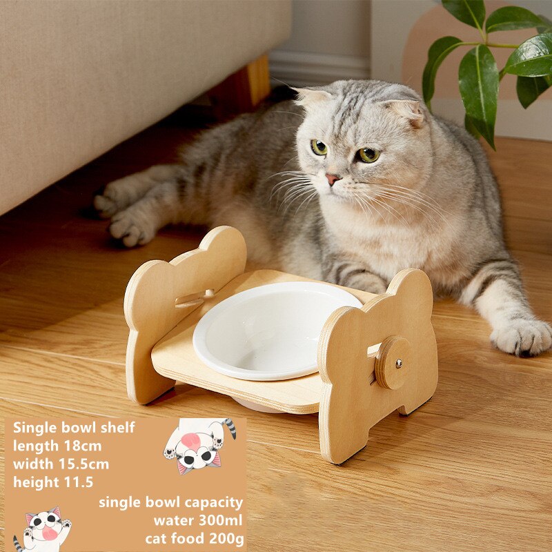 Kat Kom Keramische Dubbele Kom Met Schuine Mond Te Beschermen Cervicale Wervelkolom Kattenvoer Kom Anti-Kantelen Hond kom Verstelbare: Bear shelf Single
