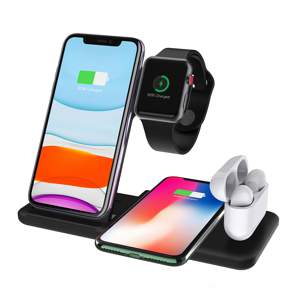 4 in 1 15w langaton laturi jalusta iphone x xs  xr 8 11 apple watch 5 4 3 2 airpods pro samsung qi pikalatausasemat telakka-asema: Musta