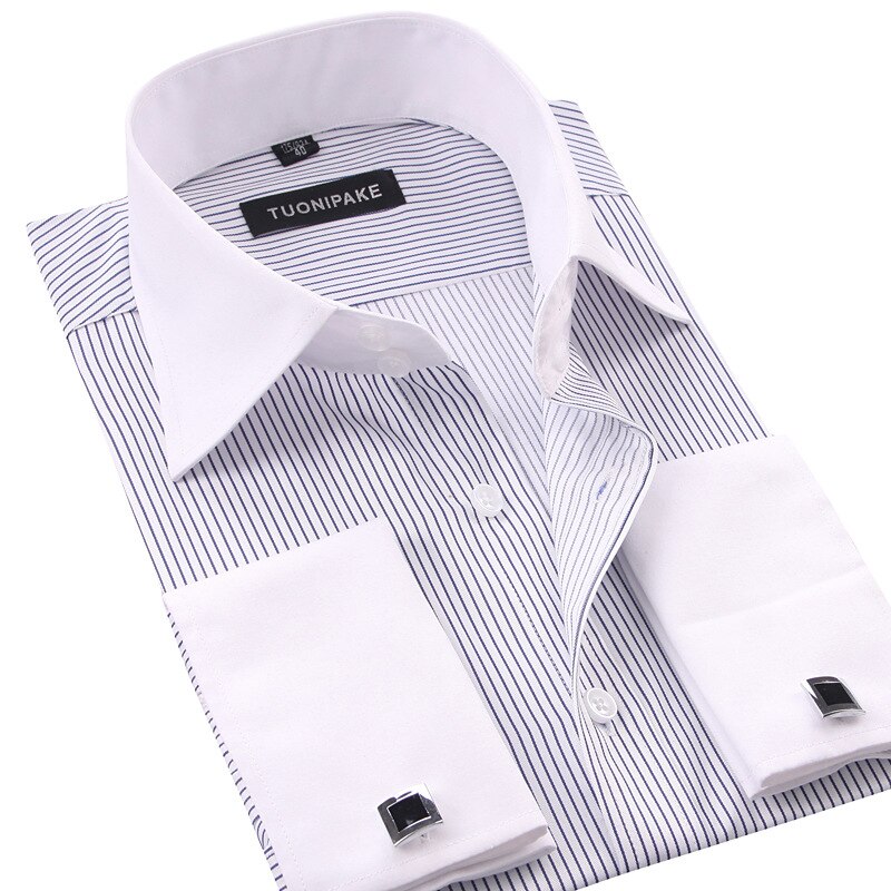 LISIBOOO Men Casual Slim Fit Shirt Mens Long Sleeve Business Dress Shirt French Cufflinks Shirt Male Striped Shirt: 8012 / L