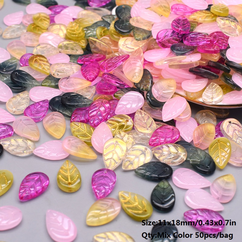 11x18mm 50pcs/Bag Green Glass Tree Leaves Charms Leafs Beads Pendants For Jewelry Making Handmade Glass Crafts Bracelet Earring: Light Yellow Gold Color