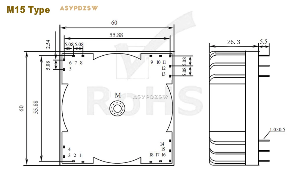 15VA Green Square 15W trasformatori toroidali sigillati M15-04 tensione di uscita AC dual 15V(2*15V)
