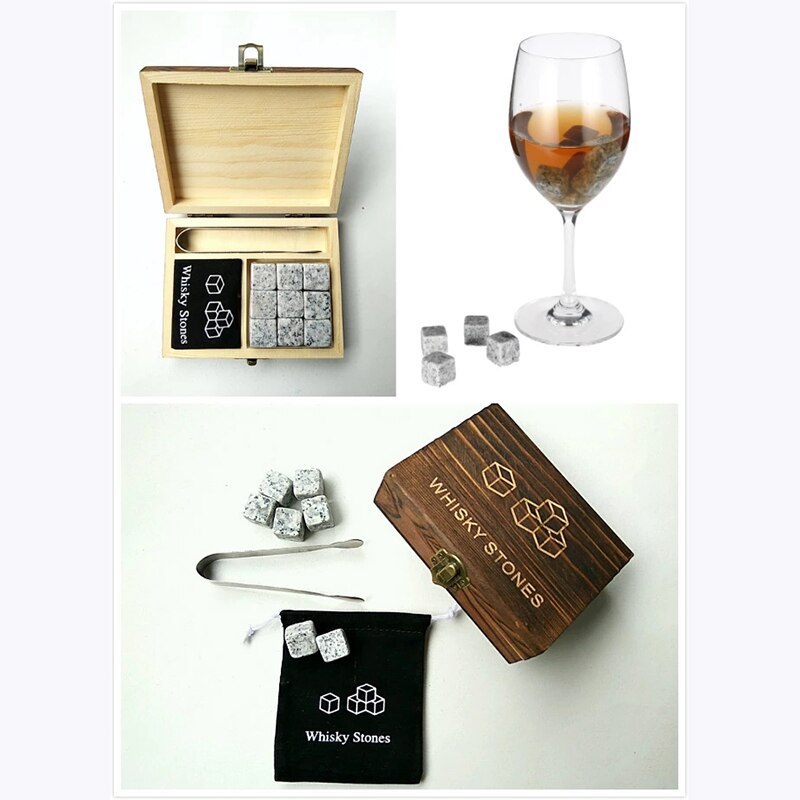 9Pcs Whisky Ice Stones with Wooden Box& Velvet Bag Wine Drinks Cooler Cubes Whisky Stone Granite Pouch Reusable Cubes Granite