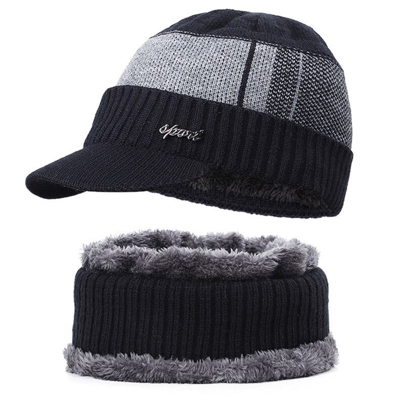 Herre vinterlue todelt varm og fløyel tykk lue vinterlue herre ull skjerf lue balaclavahue strikke lue casual pappa luer: Svart -1