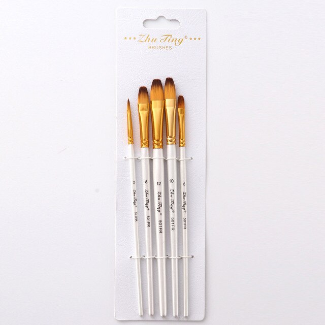 Pincel de nailon para pintura acrílica Gouache, suministros de arte, punta plana, tubo dorado, blanco, 5 unids/paquete: Set F