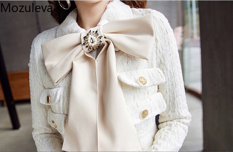 Mozuleva-Conjunto de 2 piezas de Tweed para mujer, chaqueta de botón con perlas y lazo, bufanda, chaleco, Vestido corto de Tweed para invierno