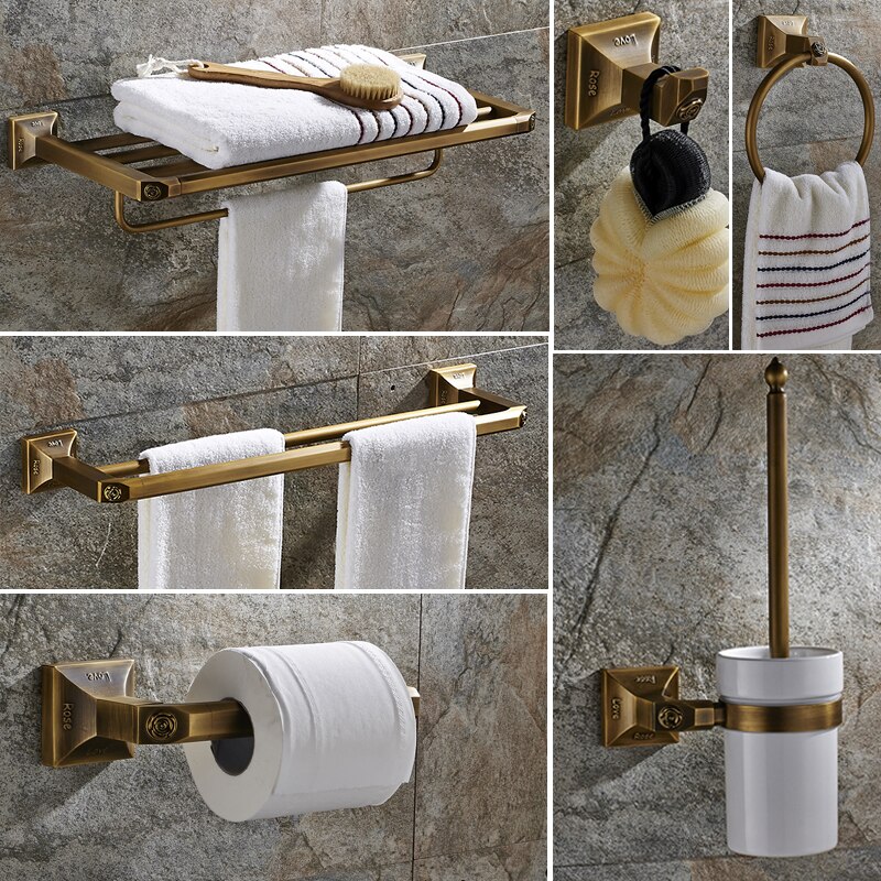 Alle koperen Europese stijl badkamer rack, antieke handdoekenrek, badkamer hanger set, badkamer handdoek rek, goud handdoekenrek 7656
