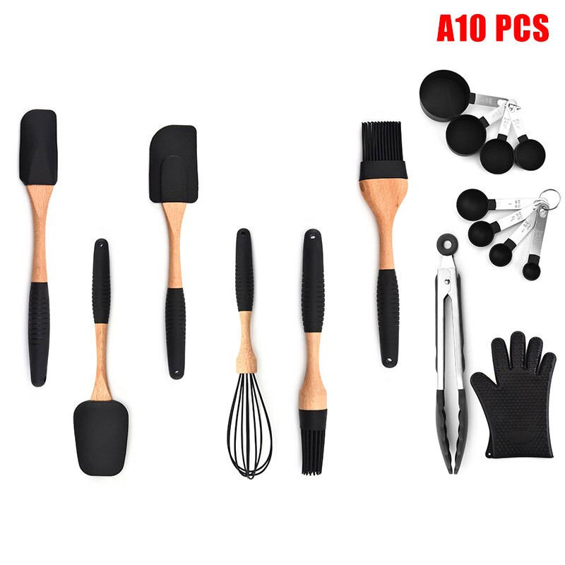 Silicone Non-stick Cooking Baking Utensils Tools Set Heat Resistant Spoon Spatula Egg Beaters Kitchen Accessories C66: a10 pcs
